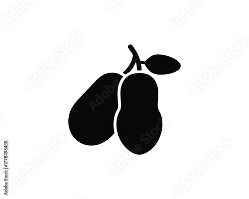 Black silhouette of two pears on a stem with leaves