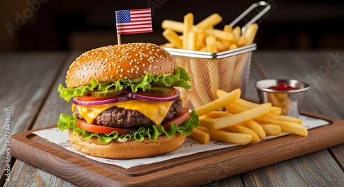 Delicious Beef Cheeseburger and French Fries – American Diner Meal