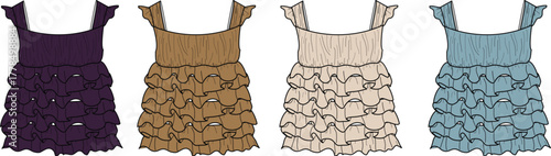 Fashion illustration of four tiered ruffle dresses in different colors