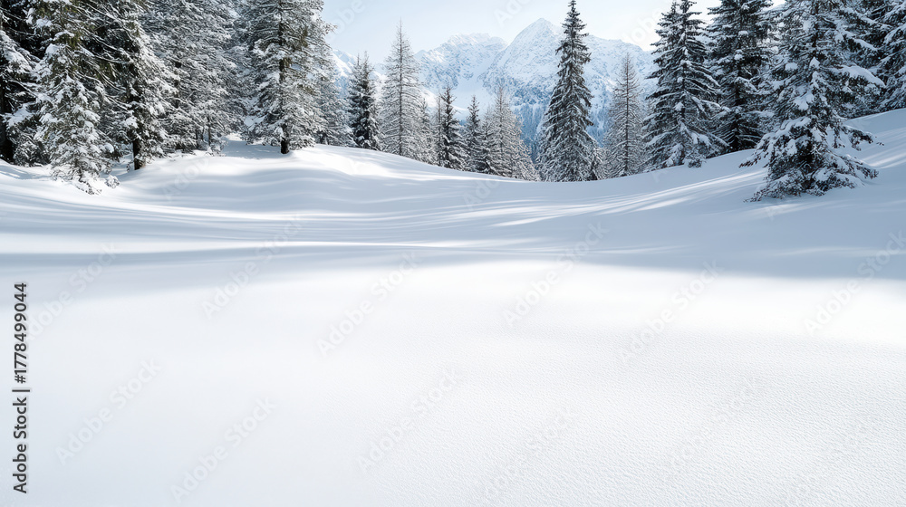 Obraz premium Snow covered landscape with tall evergreen trees and distant mountains under bright sunlight
