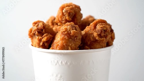 Crispy fried chicken pieces overflowing from a white paper container against a simple background