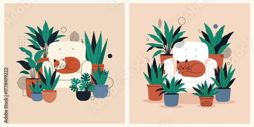 Cozy Animal Napping on a Comfortable Chair Surrounded by Lush Green Plants