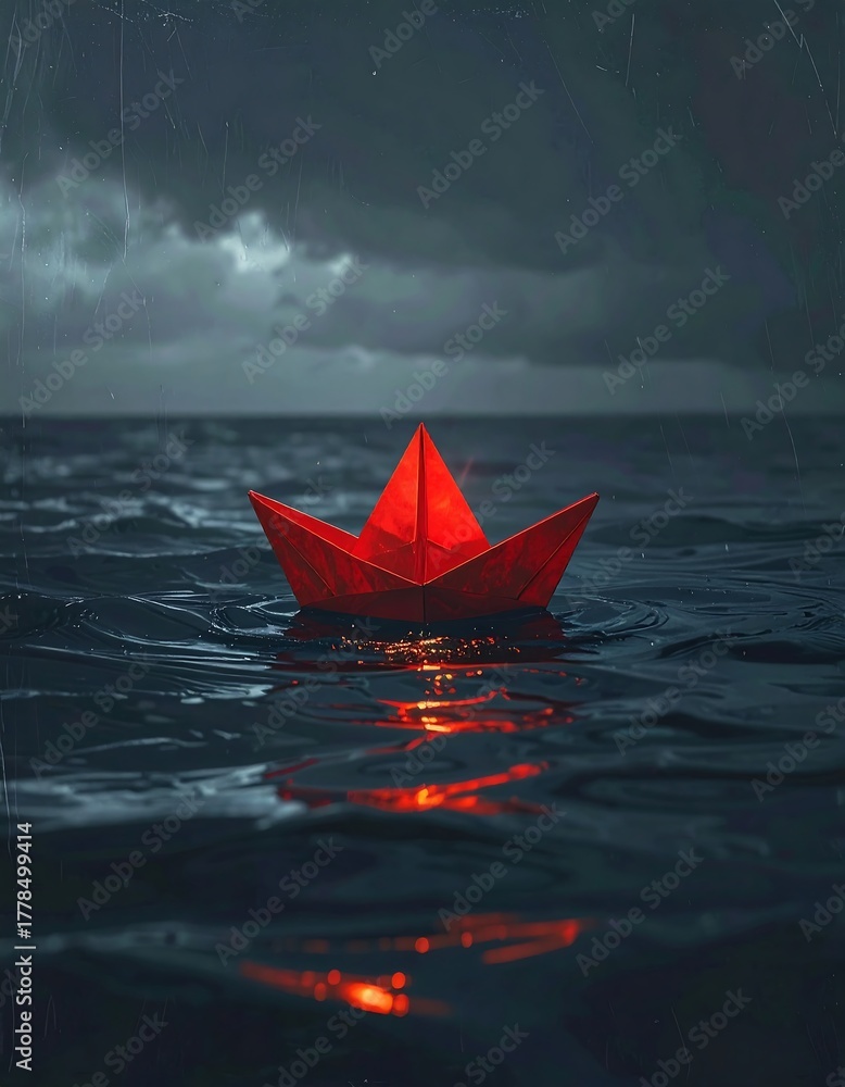 Obraz premium A red paper boat floats serenely on dark, choppy waters