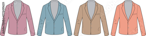 Collection of women's casual blazers in pastel colors. Vector illustration technical flat sketch for apparel design and mockups