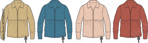 Colorful zip-up jackets with drawstrings showcase modern casual wear