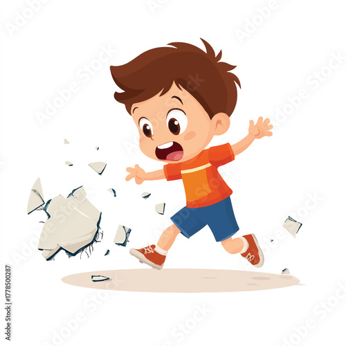  Energetic cartoon boy running and smashing through an obstacle