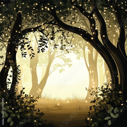 Enchanting forest scene with glowing lights and mystical ambiance