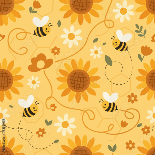 Seamless flat vector pattern of buzzing bees flying among blooming flowers