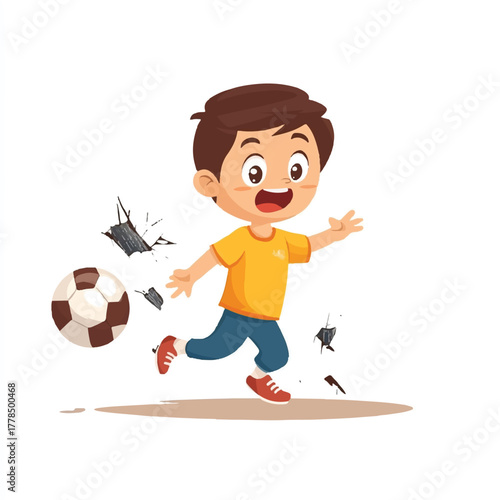 Enthusiastic Boy Playing Soccer Breaks Window with Ball