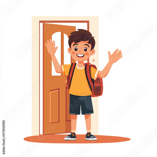 Enthusiastic young boy with backpack waving goodbye at the door