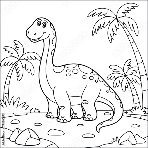 Cute Cartoon Dinosaur with Palm Trees and Rocks Coloring Page