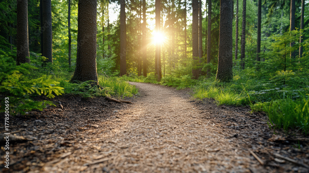 Obraz premium Serene forest path illuminated by soft golden light, inviting tranquility and peace