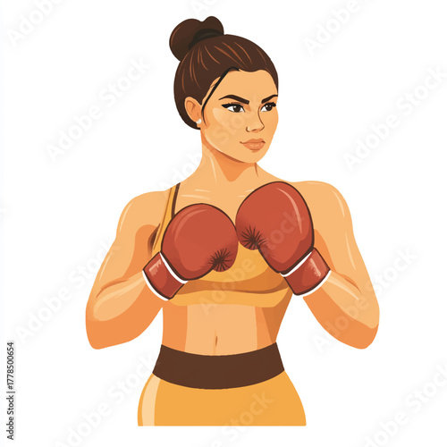  Female boxer in fighting stance focused and determined ready to compete.