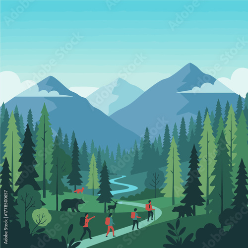 People hiking through a forest of tall trees, mountains in the background, and wildlife nearby