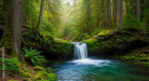 Serene Waterfall in Lush Green Forest with Sunlight.