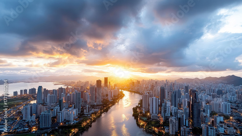 Fototapeta Naklejka Na Ścianę i Meble -  Stunning skyline view at sunset with dramatic clouds reflecting over river