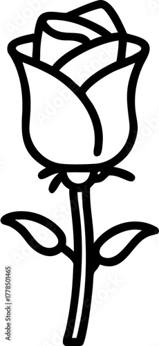 Simple Outline of a Rose Flower with Stem and Leaves