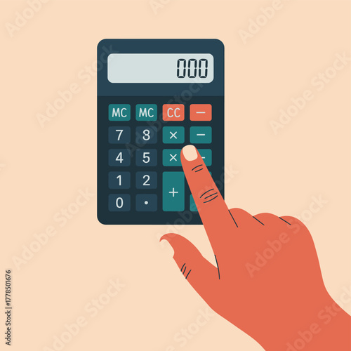 Hand pressing a button on a calculator with a blank screen
