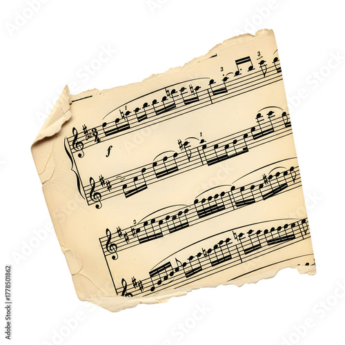 A torn piece of antique sheet music with musical notes and staves isolated on transparent background