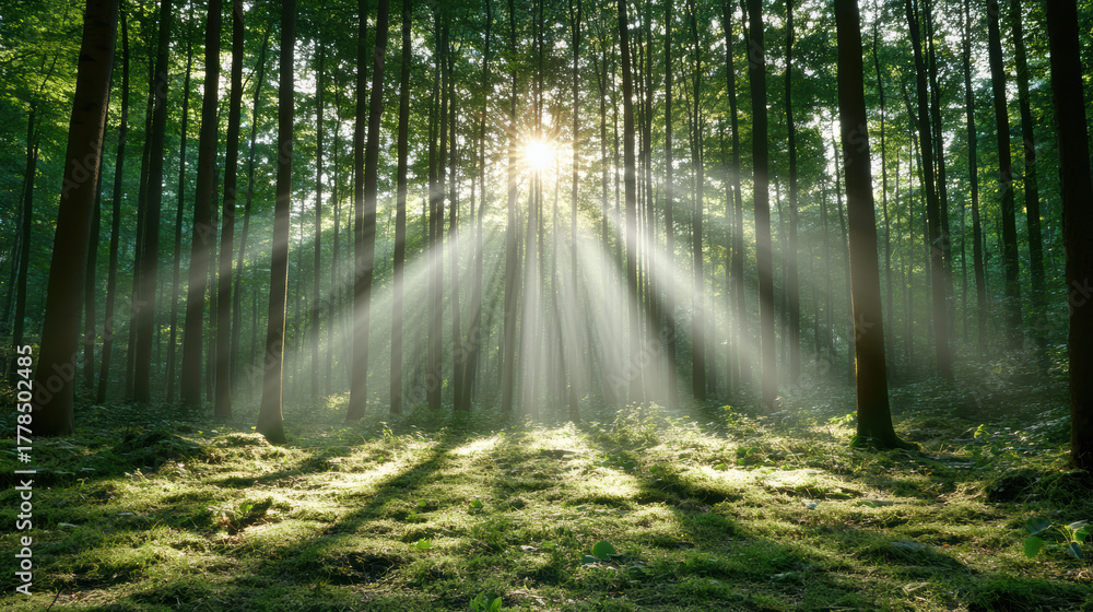 Obraz premium Soft morning light through trees creates serene atmosphere in lush forest