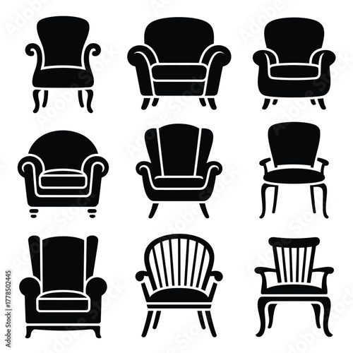 Collection of nine classic armchair silhouettes in black and white