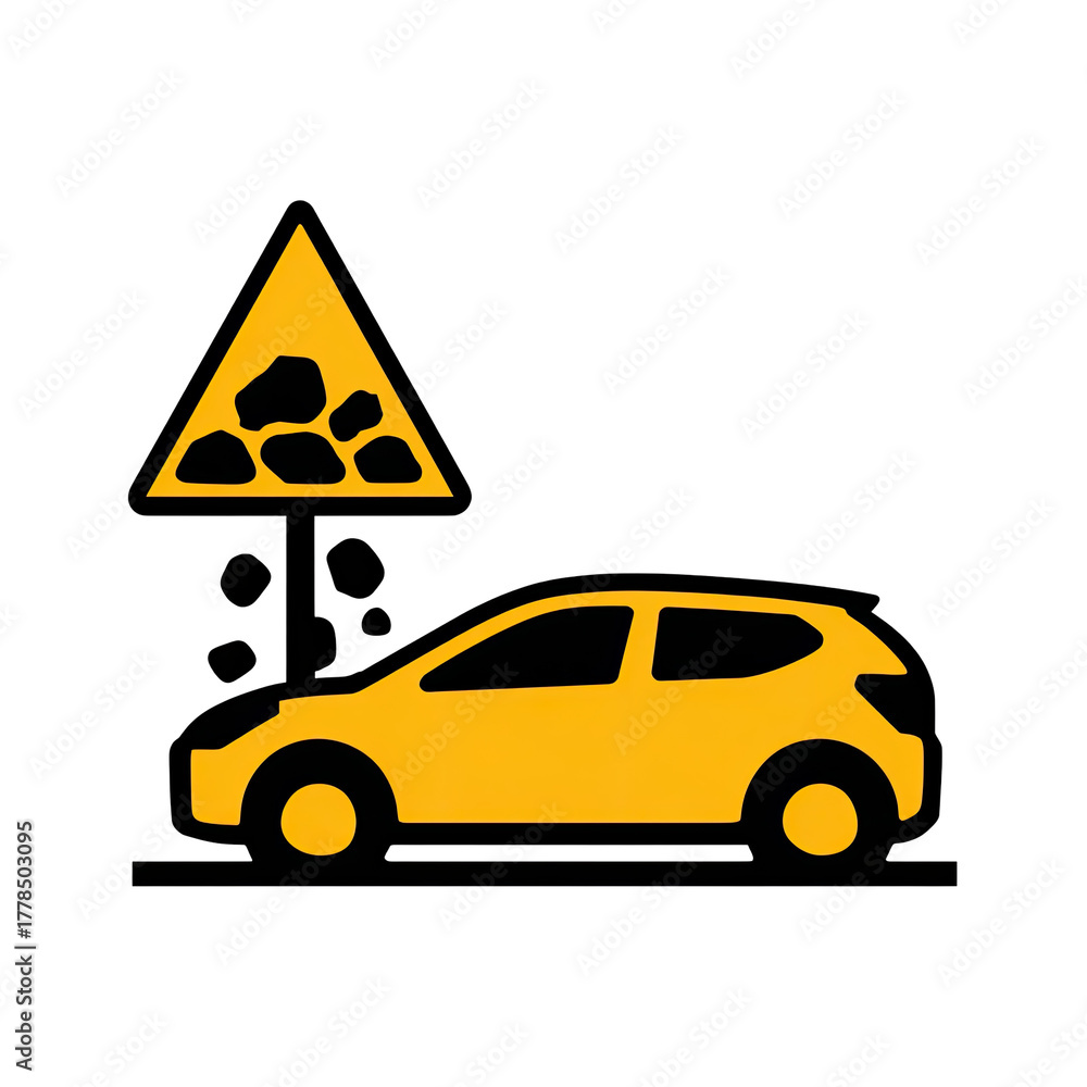 Naklejka premium A yellow car silhouette below a yellow triangular sign with falling rocks
