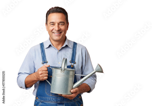 Happy male gardener holding watering can isolated on white background, concept of gardening, agriculture, and eco lifestyle