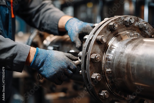 Engineer hands joining large industrial metal pipe flange