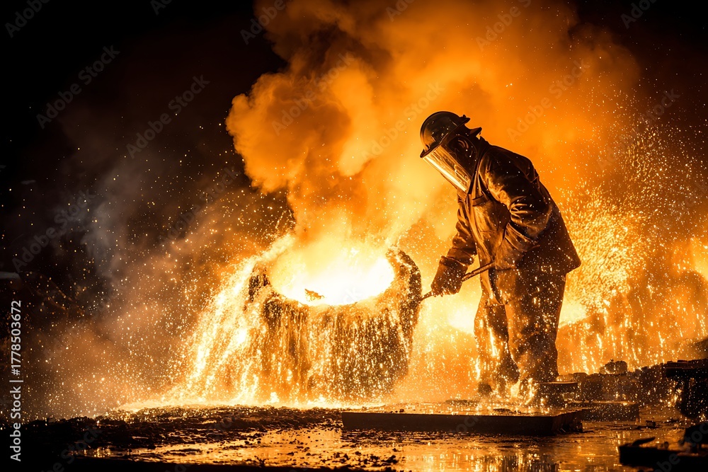 Obraz premium Steelworker pouring molten metal in foundry at night