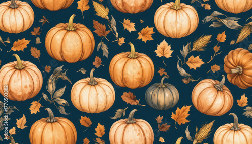 Thanksgiving seamless pattern with pumpkins, leaves, and corn in watercolor style.