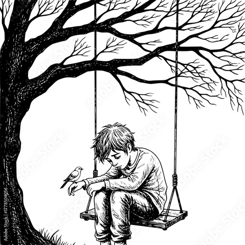 Emotional Line Art of a Lonely Boy on a Swing Under a Leafless Tree | Expressive Black-and-White Illustration with a Small Bird