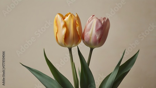 Two Elegant Tulip Flowers on Beige Background – Minimalist Floral Composition