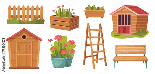 Collection of charming garden elements including sheds planters ladder and bench