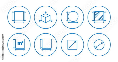 Icon set of dimension, area, and perimeter measurements, editable stroke outline icons, set isolated on a white background. Pixel perfect, vector illustration.