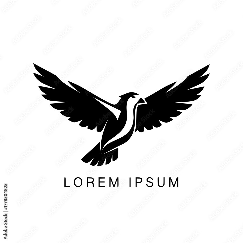 Fototapeta premium Graphic icon of a flying eagle or hawk in black silhouette, representing power, liberty, and vision for a modern company logo