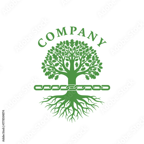 Abstract green oak tree with strong roots and interwoven chain symbolizing connection, growth, and enduring strength for a brand's identity or concept