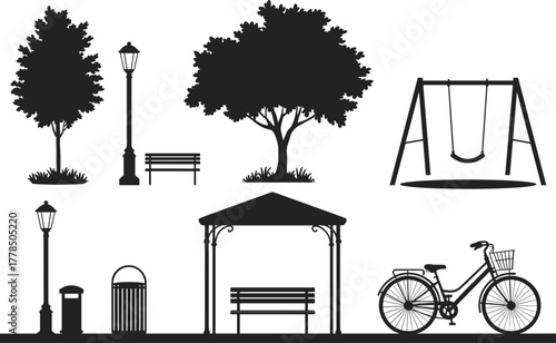 City park elements vector illustration, silhouettes of trees, benches, bicycle, swing, lamp posts, and gazebo, outdoor relaxation and urban recreation design
