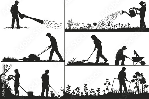 eople gardening and working in yard vector illustration, silhouette of gardeners watering plants, mowing lawn, raking soil, seasonal outdoor landscape maintenance concept
