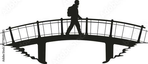 Silhouette of man walking on bridge with backpack, traveler crossing river bridge, adventure journey, outdoor exploration, travel concept vector illustration