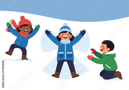 Three joyful children playing, creating snow angels in winter snow. Perfect for winter, childhood, happiness, outdoor activities, and seasonal themes.