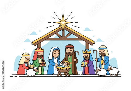 Nativity scene illustration perfect for christmas designs cards, invitations, church bulletins, family holiday projects, and childrens activities.