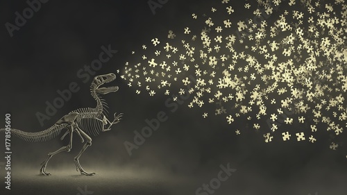 Dinosaur skeleton exhaling glowing puzzle pieces in a dark environment
