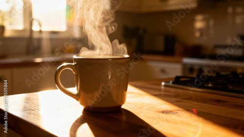 Sunlight streaming through kitchen window onto steaming morning coffee cup