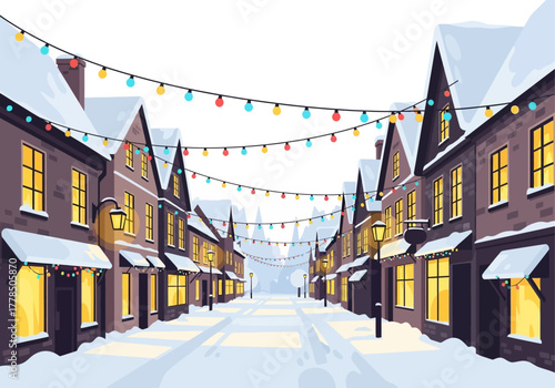 Snowcovered winter town street with decorative lights above buildings ideal for winter holidaythemed designs, christmas marketing materials, and festive backgrounds.