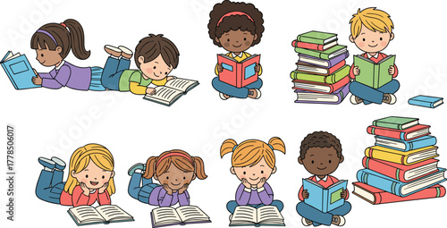 Cartoon children reading books, diverse kids, colorful stacks, joyful learning, education theme, vector illustration, isolated group, playful study scene