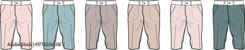 Collection of fashion illustrations of women's pants in various muted colors and styles