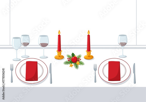 Festive table setting with red napkins, plates, candles, and wine glasses. Perfect for holiday, celebration, dinner party, and event concepts.