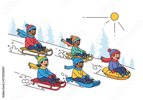 Group of kids having fun sledding down snowy hill, wintertime recreation, children playing outdoors, winter activities, childhood joy, snowy landscape.