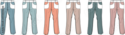Colorful Pants Flat Sketch Set Fashionable Design for Apparel Projects