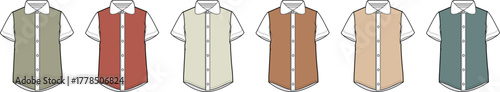 An assortment of modern men's casual button-down sleeveless shirts shown in a variety of different muted colors